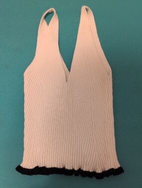 Women's Cream Ribbed V-Neck Knit Tank with Black Trim